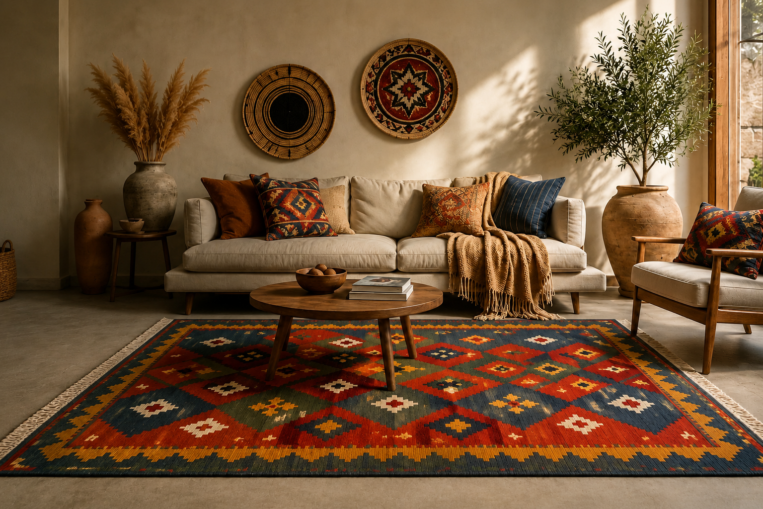 Tapete Kilim tejido plano con patrones geométricos